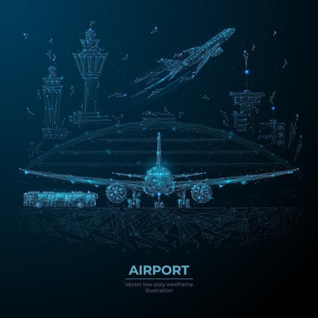 abstract airplane on runway shuttle bus buildings plane taking off control towers