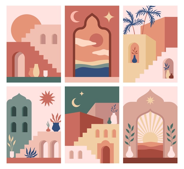 Вектор Абстрактные архитектурные плакаты простые геометрические лестницы и восточные арки в марокканском стиле простые современные открытки модные двери и окна в стиле бохо элементы солнца, луны и звезд векторный изолированный набор