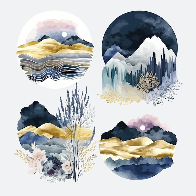 Абстрактные композиции Пейзажи горы Декоративные элементы шаблона Плоская иллюстрация мультфильма на белом фоне