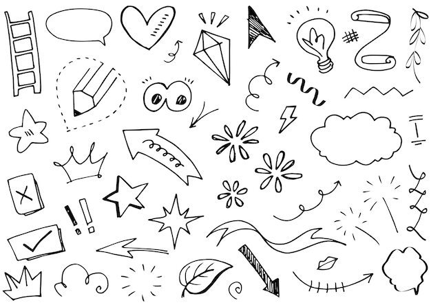 Abstract arrows ribbons crowns hearts explosions and other elements in hand drawn style for concept design doodle illustration vector template for decoration