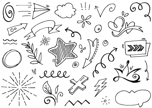 Vector abstract arrows ribbons crowns hearts explosions and other elements in hand drawn style for concept design doodle illustration vector template for decoration