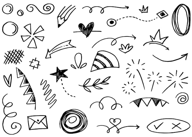 Vector abstract arrows ribbons crowns hearts explosions and other elements in hand drawn style for concept design doodle illustration vector template for decoration