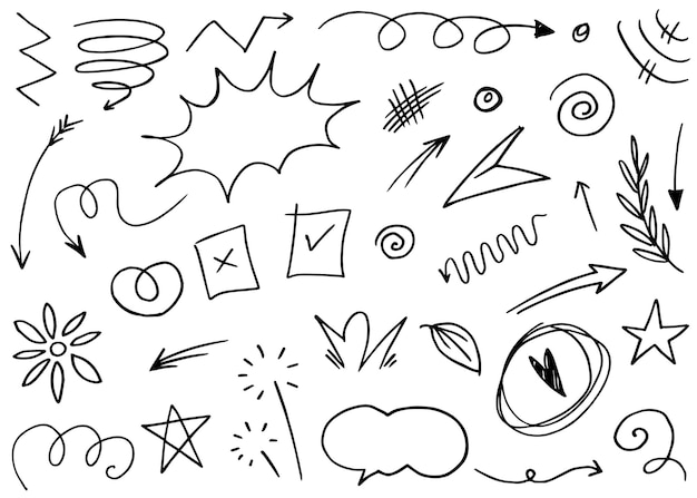 概念設計のための手描きスタイルの抽象的な矢印リボンクラウンハート爆発と他の要素落書きイラスト装飾のためのベクトルテンプレート
