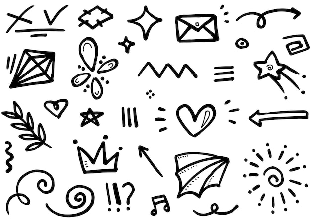 Abstract arrows ribbons crowns hearts explosions and other elements in hand drawn style for concept design Doodle illustration Vector template for decoration