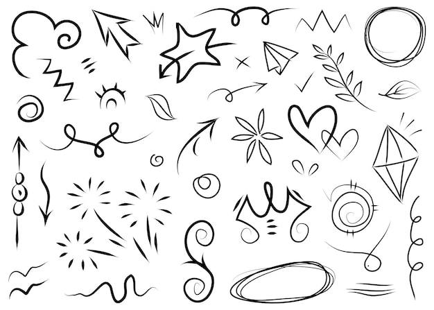 Abstract arrows ribbons crowns hearts explosions and other elements in hand drawn style for concept design doodle illustration vector template for decoration