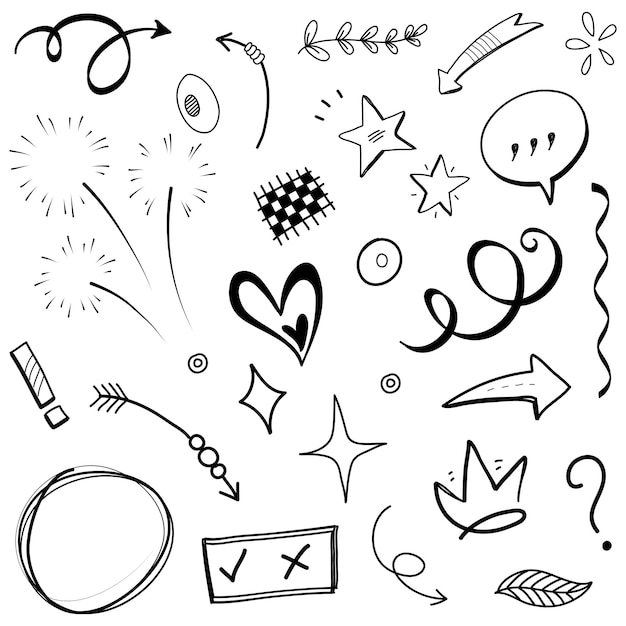 Vector abstract arrows ribbons crowns hearts explosions and other elements in hand drawn style for concept design doodle illustration vector template for decoration