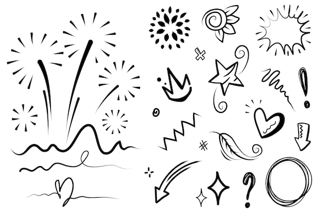 Abstract arrows ribbons fireworks hearts lightninglove leaf stars cone crowns and other elements in a hand drawn style for concept designs Scribble illustration