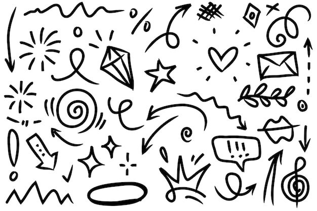 Vector abstract arrows ribbons fireworks hearts lightninglove leaf stars cone crowns and other elements in a hand drawn style for concept designs scribble illustration