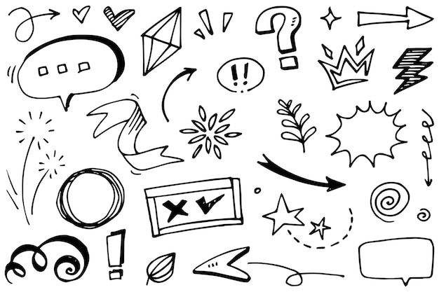 Abstract arrows ribbons fireworks hearts lightninglove leaf stars cone crowns and other elements in a hand drawn style for concept designs scribble illustration