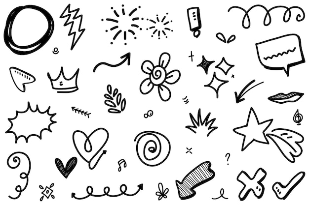 Abstract arrows ribbons fireworks hearts lightninglove leaf stars cone crowns and other elements in a hand drawn style for concept designs Scribble illustration