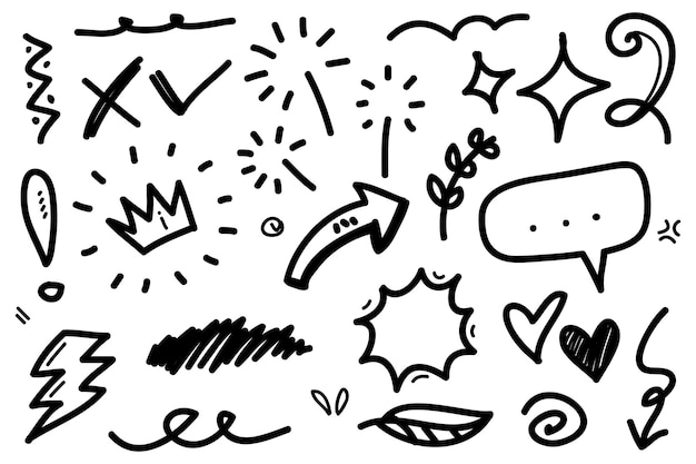Frecce astratte nastri fuochi d'artificio cuori fulmine foglia stelle cono corone e altri elementi in uno stile disegnato a mano per concept design illustrazione di scarabocchi