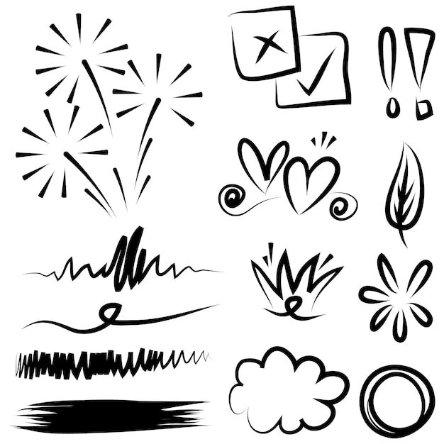 Abstract arrows ribbons fireworks hearts lightninglove leaf stars cone crowns and other elements in a hand drawn style for concept designs Scribble illustration