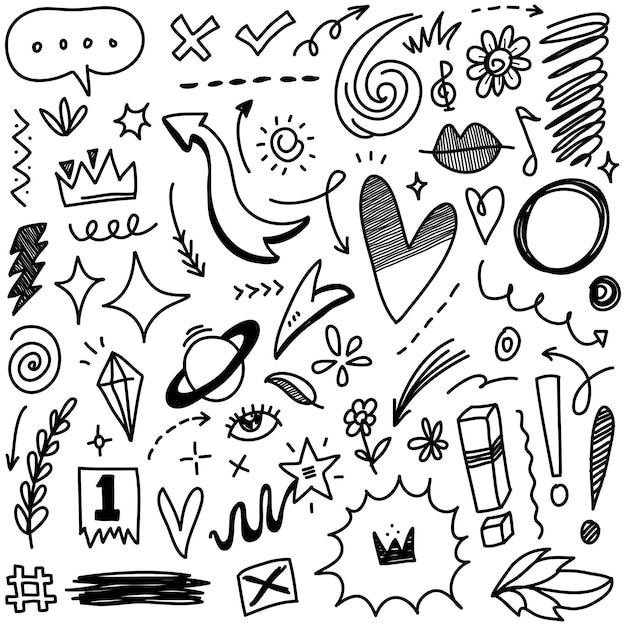 Abstract arrows ribbons fireworks hearts lightninglove leaf stars cone crowns and other elements in a hand drawn style for concept designs scribble illustration