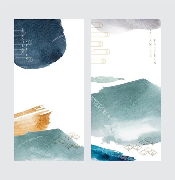 Abstract art background with Japanese icon and elements vector Watercolor texture in vintage style Circle object template illustration