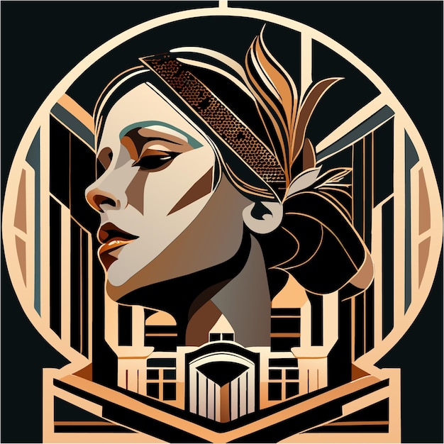 Vector abstract art deco-inktvrouwenhoofd en hoekige lijnen