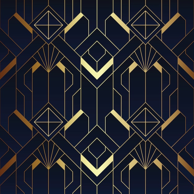 Abstract art deco seamless blue and golden pattern