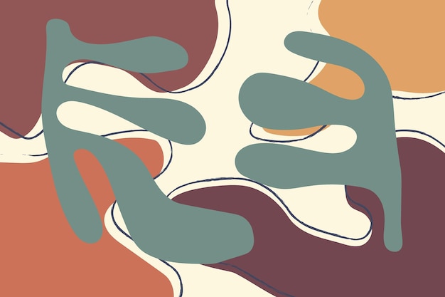 Abstract art featuring green plantlike shapes against a background of tan orange and maroon rounded