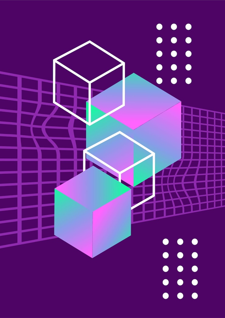 Vector abstract art furutistic poster metaverse and cyberspace modern technologies neon cubes with violet