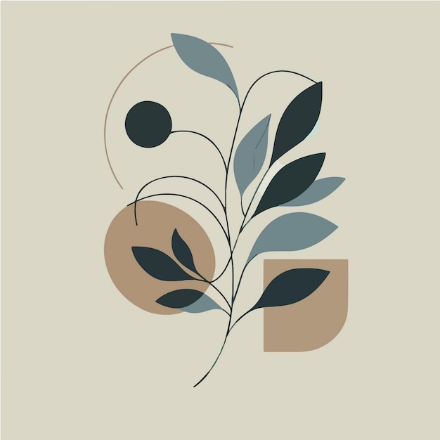 abstract art piece that features a stylized plant stem with leaves in shades of brown and black