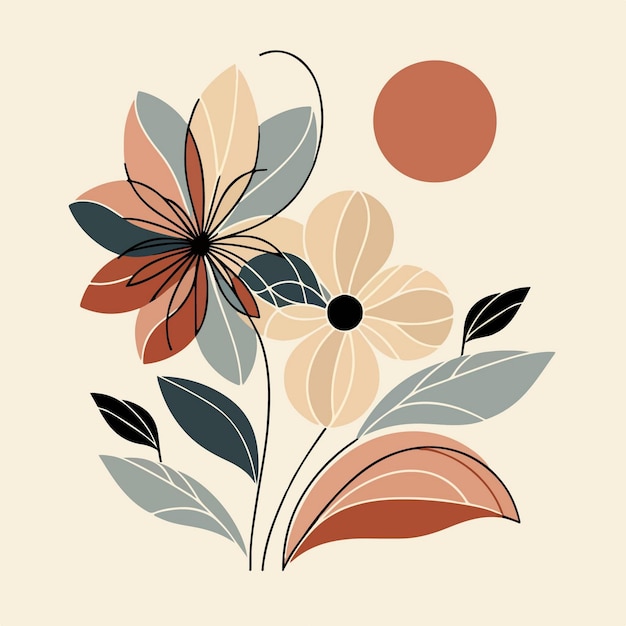 Vector abstract art piece that features a stylized plant stem with leaves in shades of brown and black