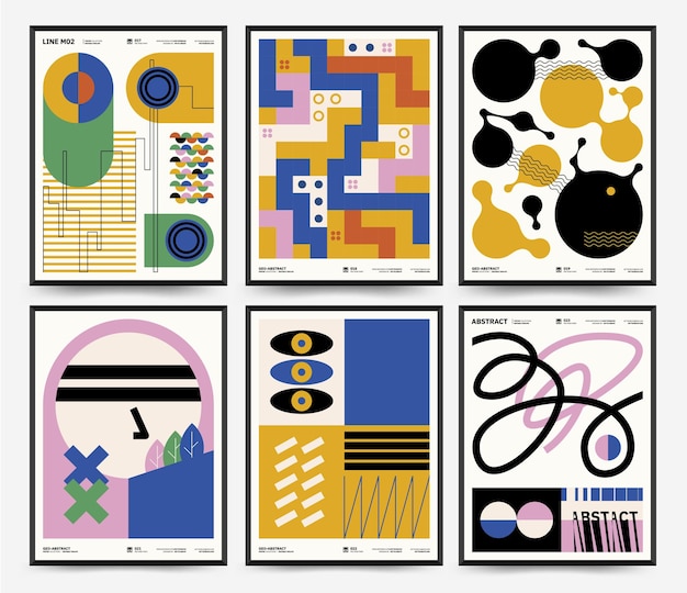 Vector abstract art posters set template with primitive shapes elements modern hipster style