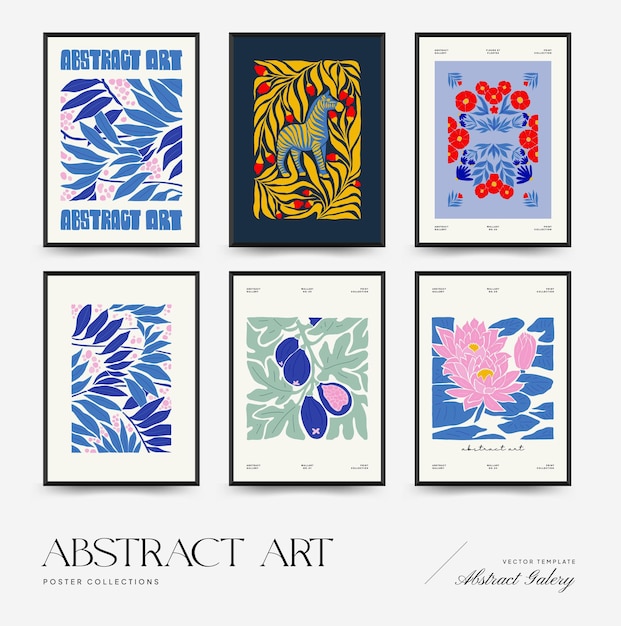 Vector abstract art posters template modern trendy matisse minimal style pink blue yellow colors