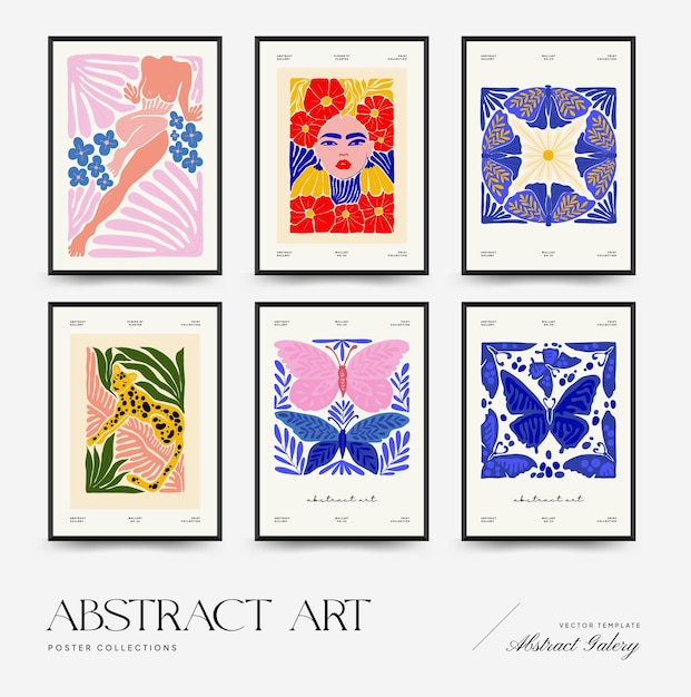 Abstract art posters template Modern trendy Matisse minimal style Pink blue yellow colors