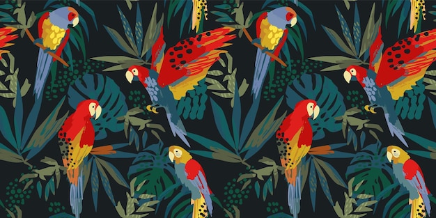 Vector abstract art seamless pattern with parrots and tropical leaves. modern exotic design for paper, cover, fabric, interior decor and other