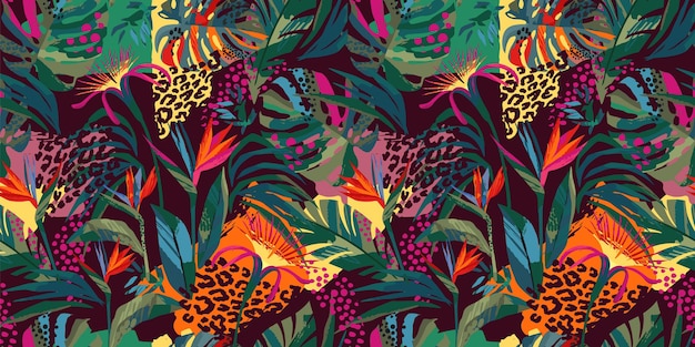 Vector abstract art seamless pattern with tropical leaves and flowers. modern exotic design