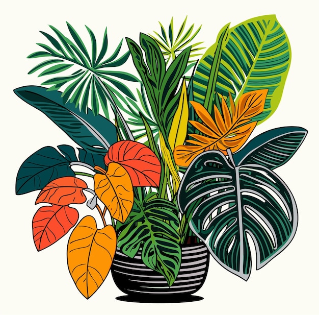 Arte astratta foglie tropicali bouquet illustrazione vettoriale palm jungle monstera lascia tema floreale