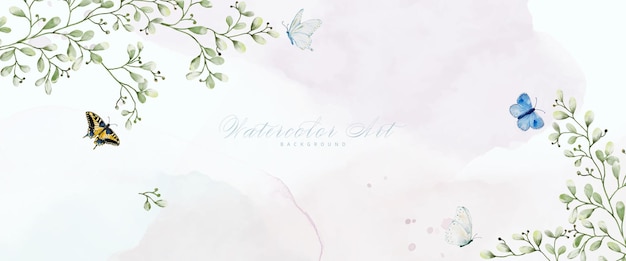 Vector abstract art watercolor foliage and butterflies painting background