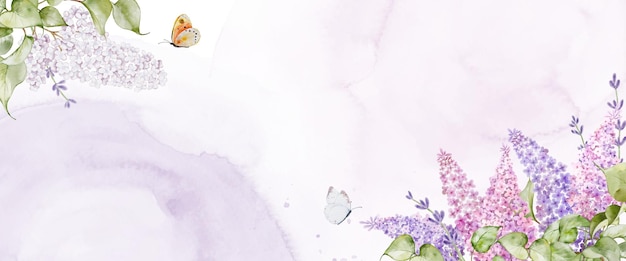 Vector abstract art with lilacs and butterflies on watercolor stains background