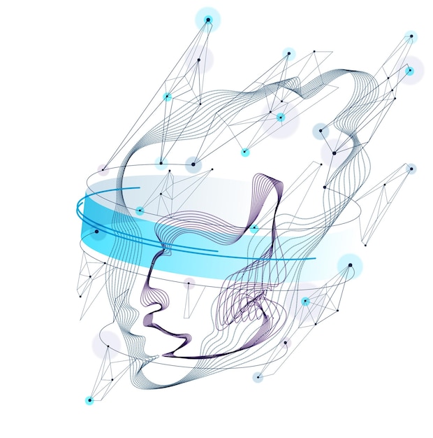 Ritratto artistico astratto della testa umana realizzato con una matrice di particelle punteggiate, illustrazione vettoriale dell'intelligenza artificiale, interfaccia visiva digitale del software.