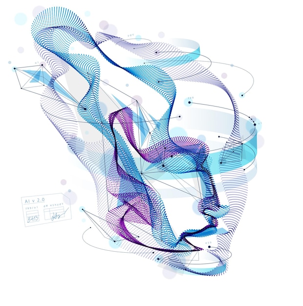 ベクトル 点線の粒子配列で作られた抽象的な芸術的な人間の頭のポートレート、人工知能のベクターイラスト、ソフトウェアデジタルビジュアルインターフェイス。