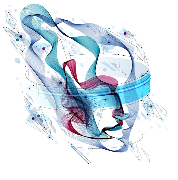 Вектор Абстрактный художественный портрет головы человека из массива точечных частиц, векторная иллюстрация искусственного интеллекта, программный цифровой визуальный интерфейс.