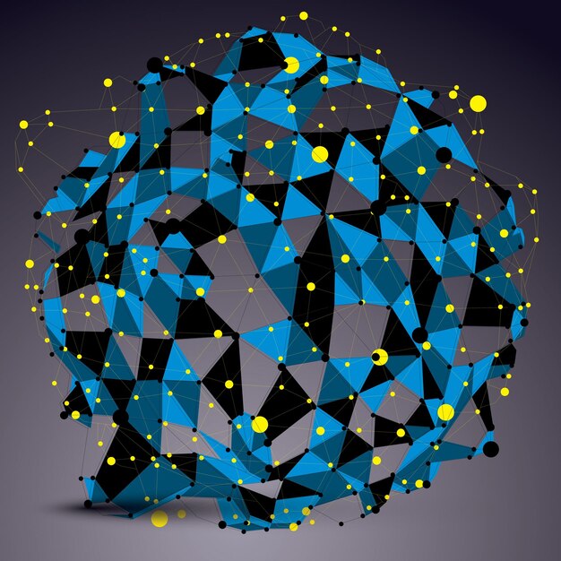 Abstract asymmetric vector blue structure with yellow wire mesh, complicated geometric shape. Lace colored figure.