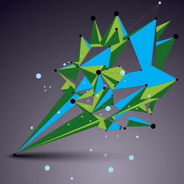 Abstract asymmetric vector colorful structure with wire mesh, complicated geometric shape. Lace green figure.