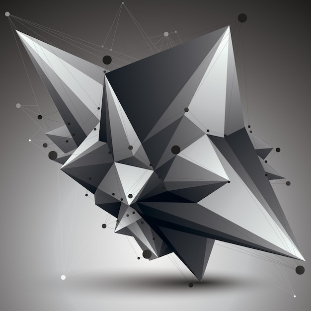 Abstract asymmetric vector monochrome object with black lines mesh, complicated geometric shape.