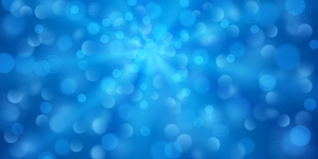 Vector abstract background in blue colors with diverging rays of light and small translucent circles with bokeh effect