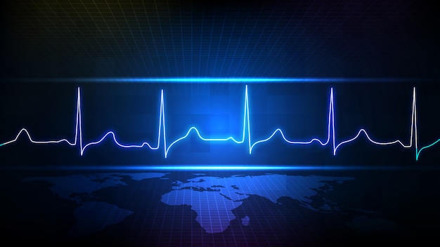 푸른 미래 기술 디지털 심전도 심장 박동 펄스 라인 웨이브 모니터 및 세계지도의 추상적 인 배경