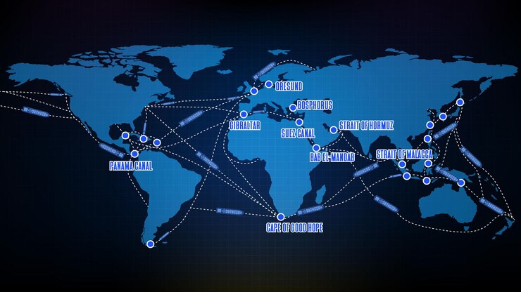 Vector abstract background of blue shipping routes europe and america