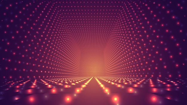 Abstract background, bright infinite tunnel of glowing segments.