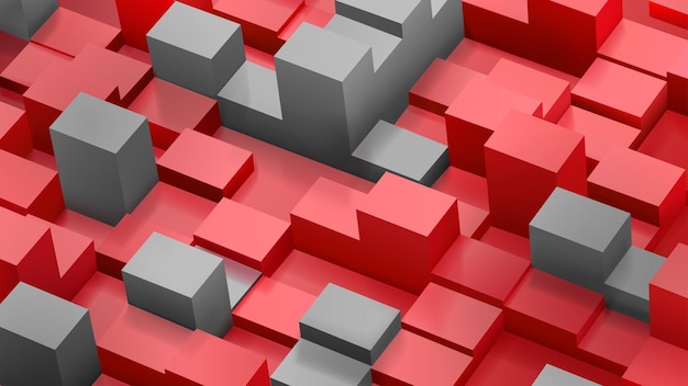 Vector abstract background of cubes and parallelepipeds in red and gray colors with shadows