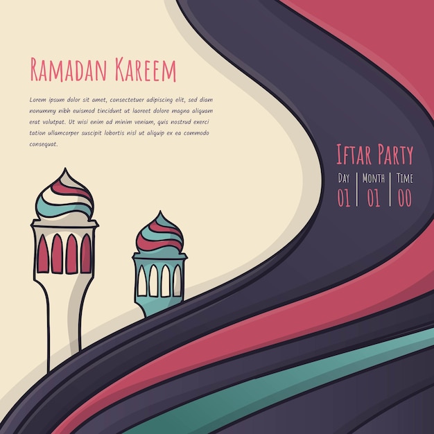 Abstract background design with mosque minaret in hand drawn design for ramadan kareem