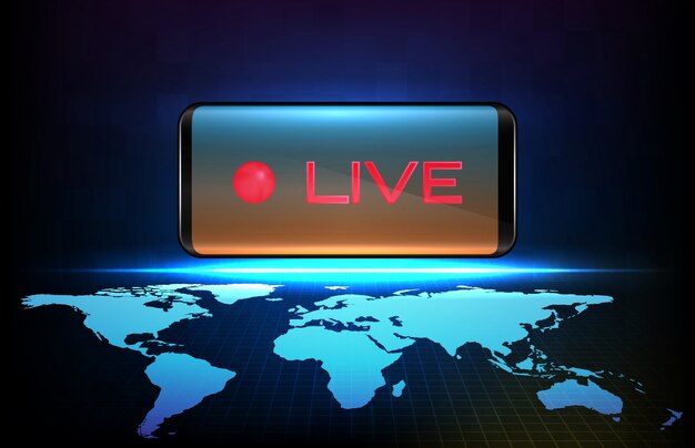 Vector abstract background of futuristic technology red neon live stream sign on smart mobile phone with world maps