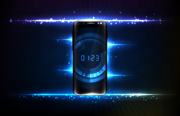 Abstract background of futuristic technology user interface screen hud with digital number countdown timer on smart mobile phone