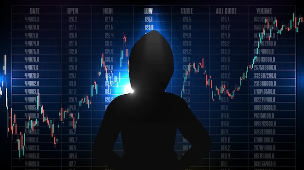 Abstract background of hacker in hood with stock market candle stick graph chart