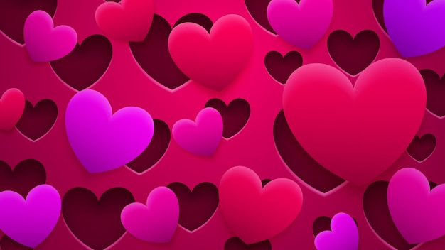 Abstract background of holes and hearts with shadows in red pink and purple colors