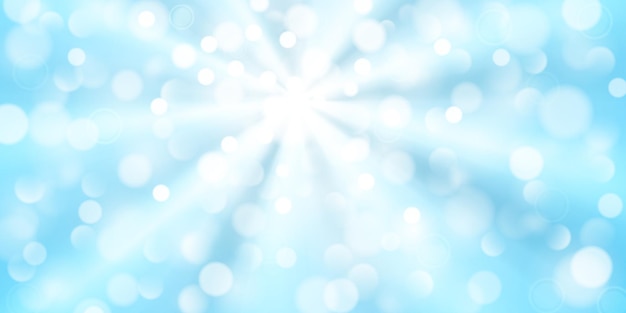 Abstract background in light blue colors with diverging rays of light and small translucent circles with bokeh effect