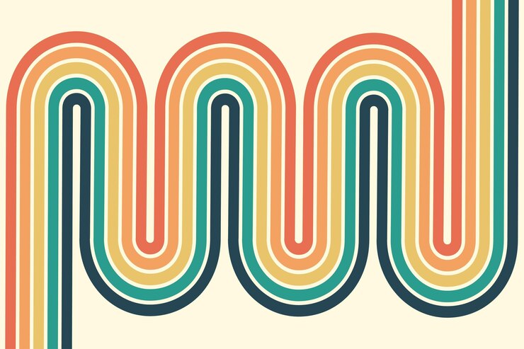 Vector abstract background of rainbow groovy wavy line design in 1970s hippie retro style